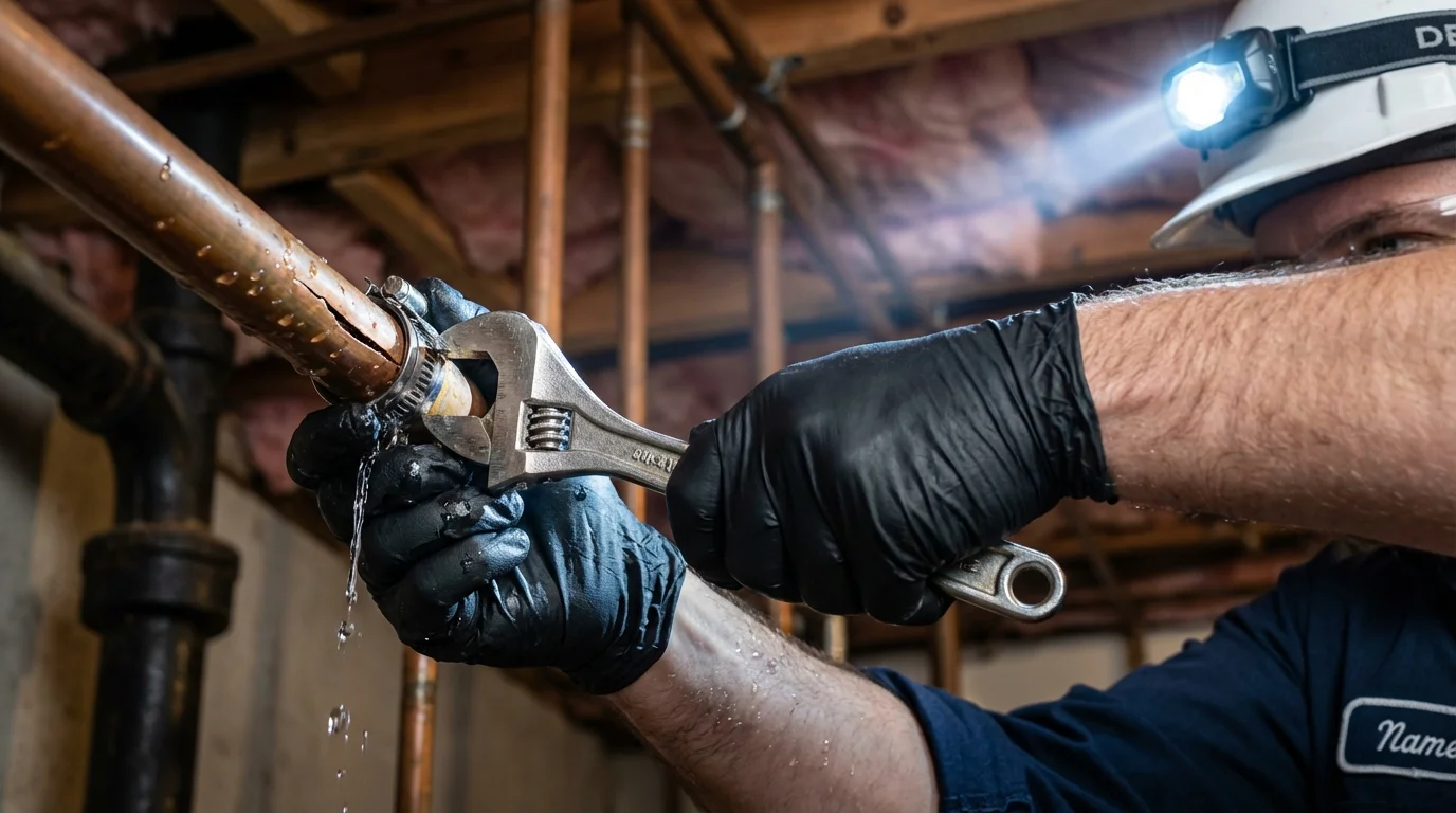 Emergency pipe clamp repair being performed by a Johns Plumbing LLC plumber in Dover
