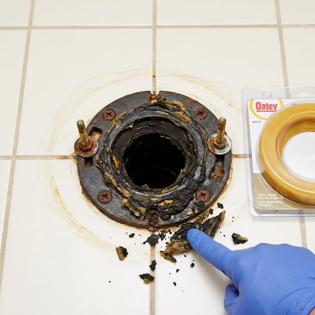 Failed wax ring showing water seepage at the base of a toilet in a Dover, FL home