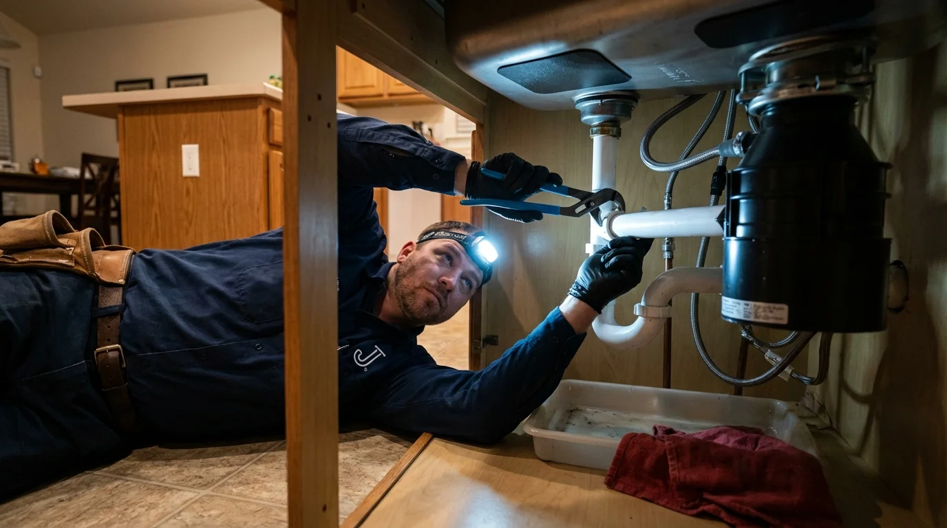 P-trap and supply line connections under a kitchen sink showing a common leak point in Dover, FL
